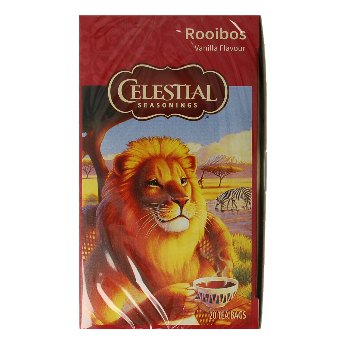 Celestial Season Rooibos Vanilla tea bags, 20 count, featuring reddish-brown rooibos leaves and vanilla flavoring in a tea packaging image.