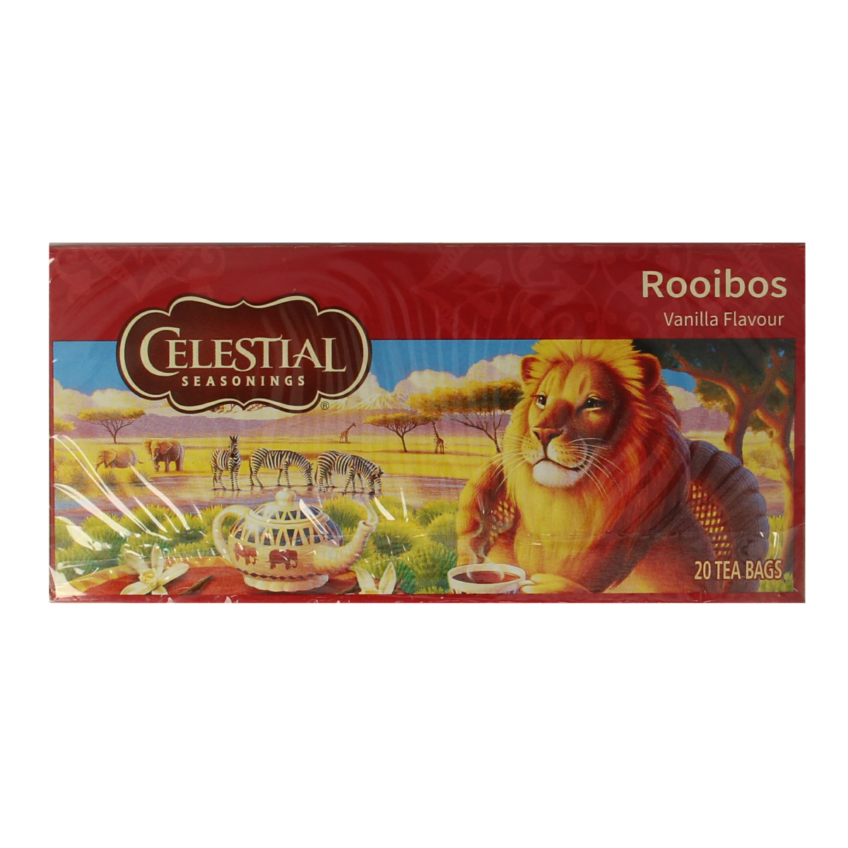 Celestial Season Rooibos vanilla tea bags in a box, featuring a soothing herbal tea with vanilla flavor and natural ingredients.
