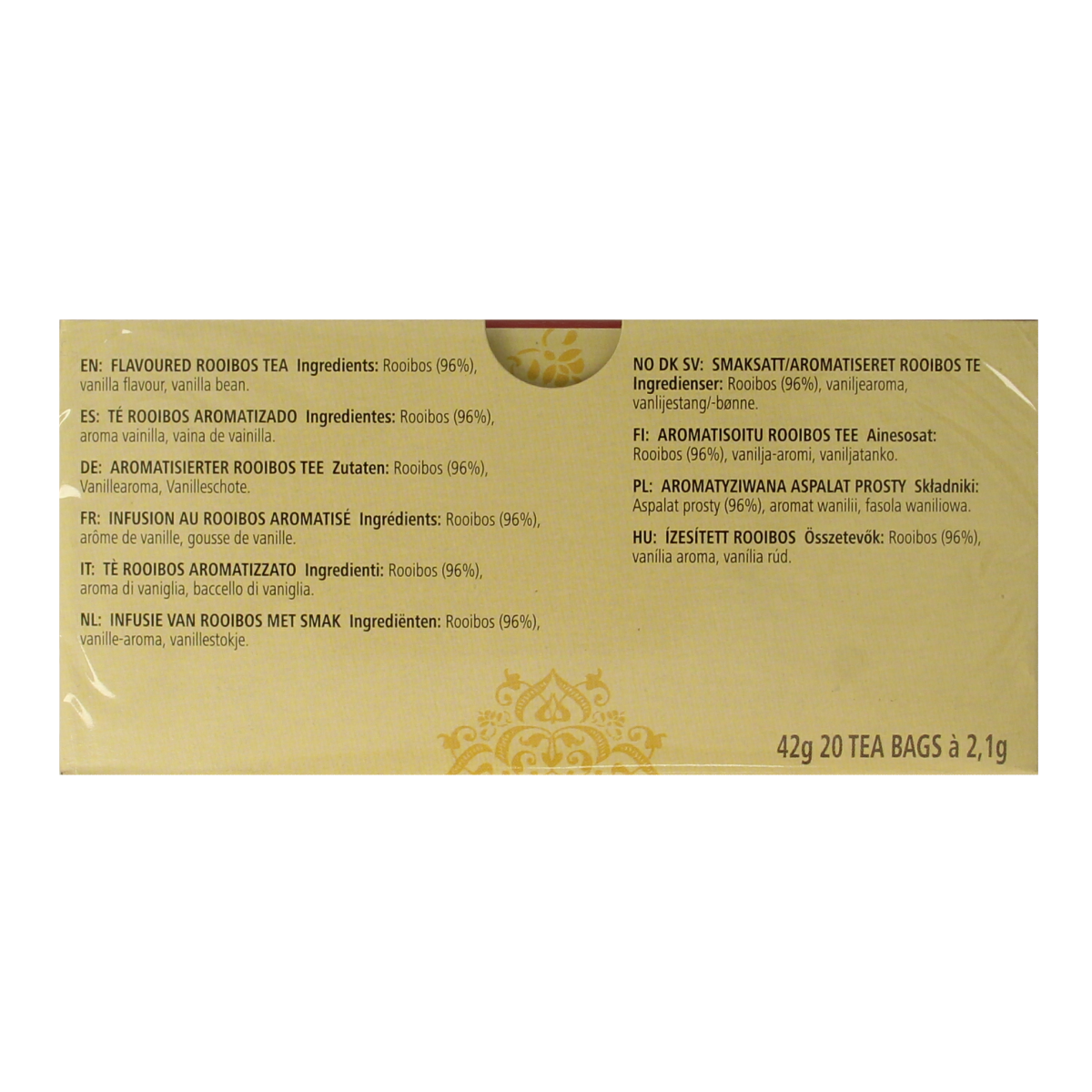 Celestial Season Rooibos vanilla tea bags, 20-pack, featuring aromatic herbal tea with vanilla flavor in a colorful package.