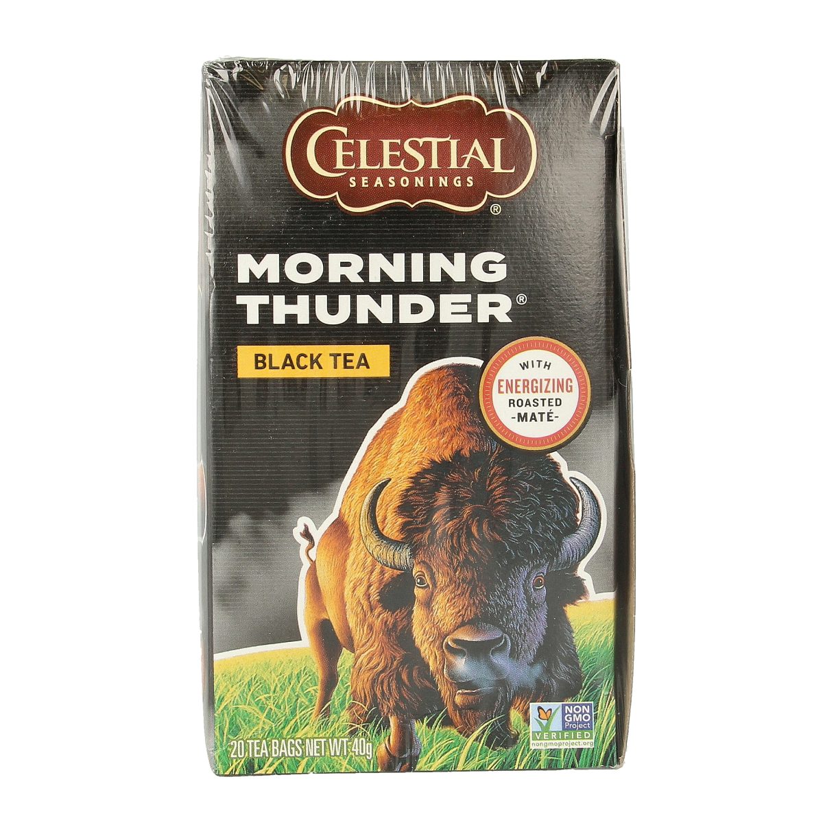 Celestial Season Morning Thunder coffee tea bags, 20-pack, featuring vibrant packaging and fresh aroma in a well-arranged display.
