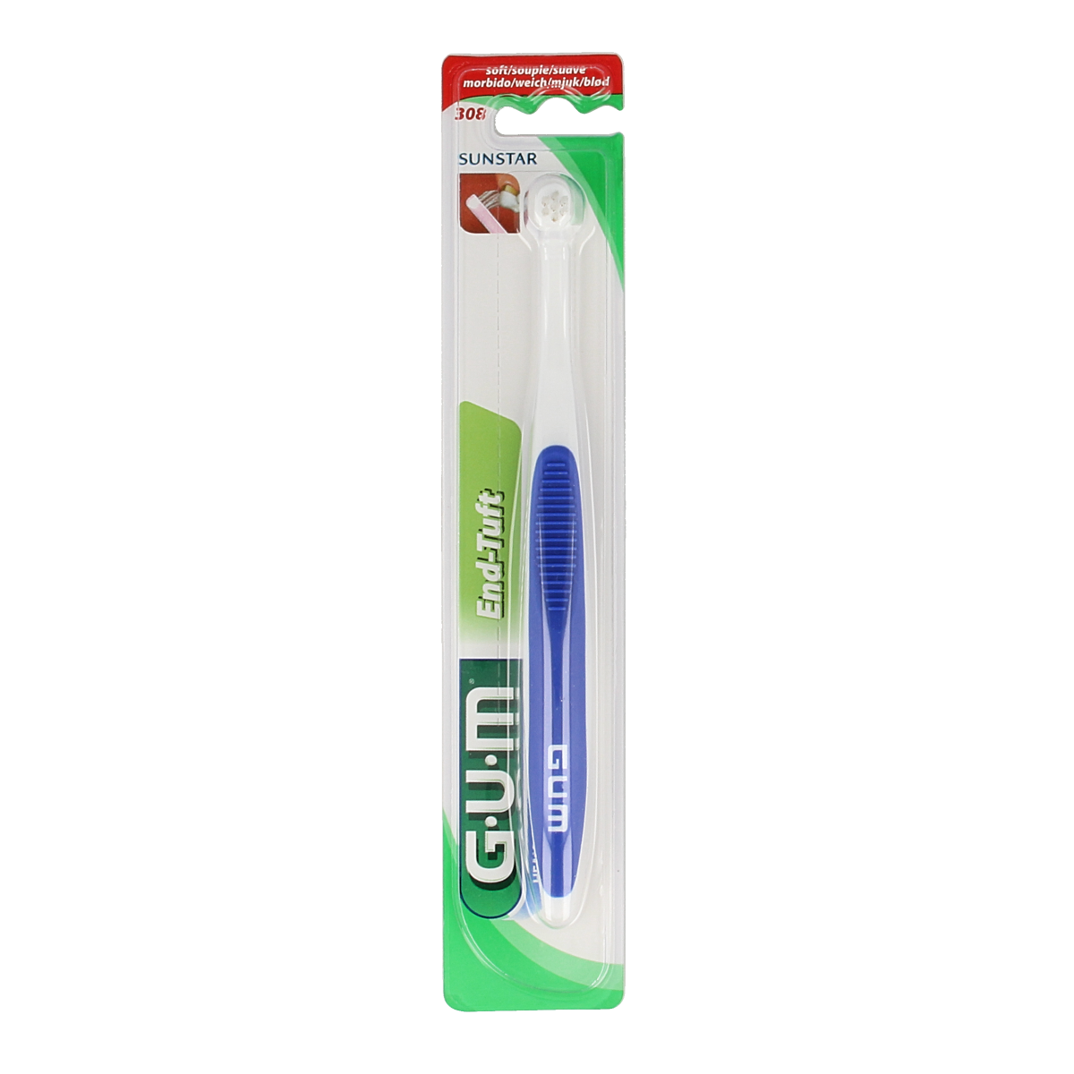 GUM Tandenborstel end-tuft 308MA, close-up of the toothbrush head with soft bristles for effective cleaning.