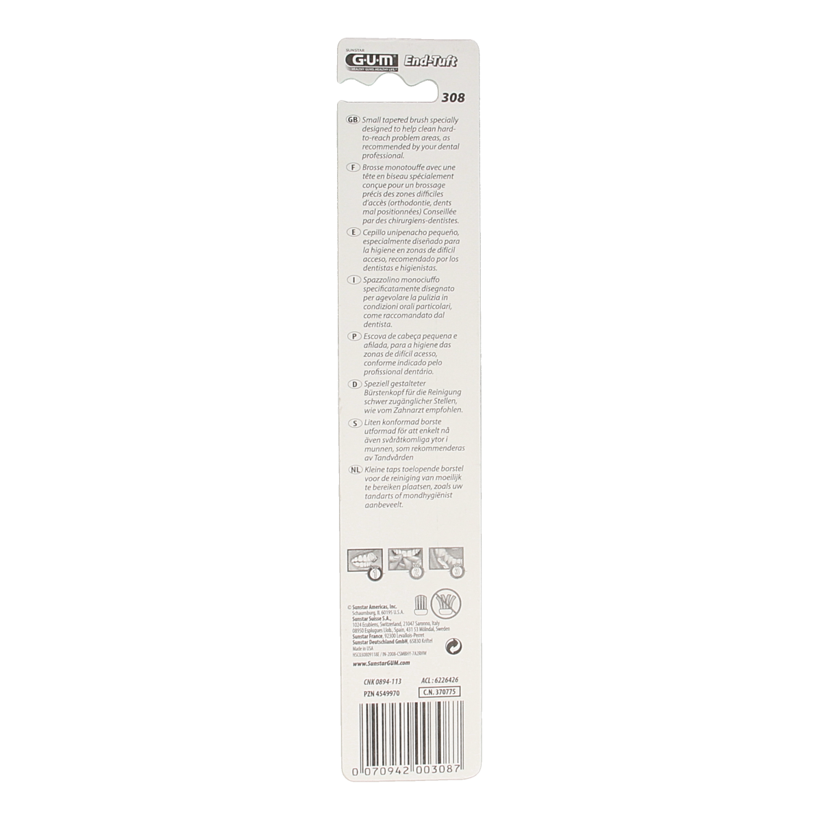 GUM end-tuft toothbrush 308MA with a close-up of the small end-tuft brush head for precise cleaning.
