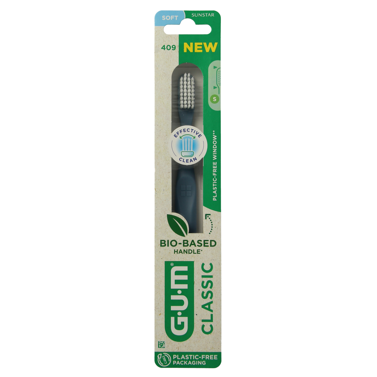 GUM Classic soft toothbrush with medium-sized head, displaying white handle and bristles for gentle cleaning.