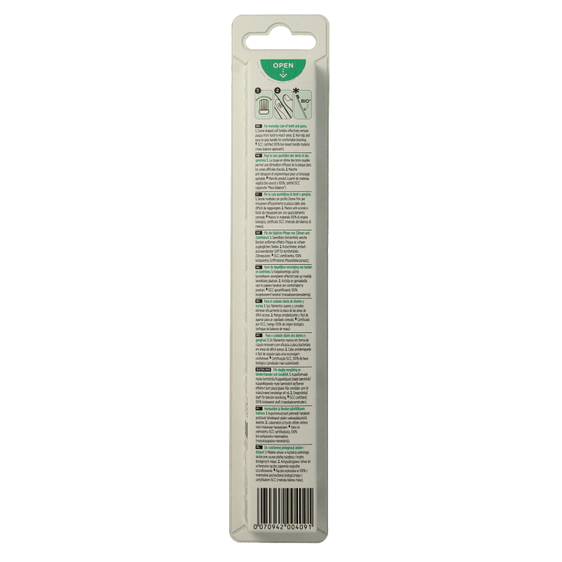 GUM classic soft toothbrush with medium-sized head, showing bristles and handle for effective dental cleaning.