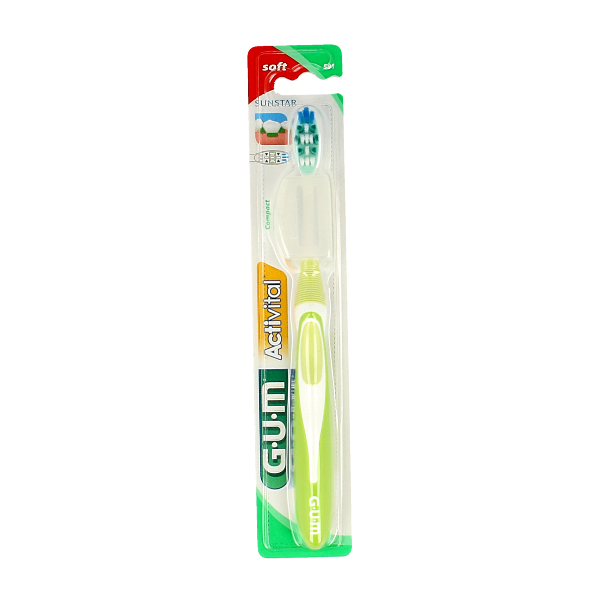 GUM Activital soft toothbrush 1 pack, showing a close-up of the blue and white handle and bristles for gentle cleaning.