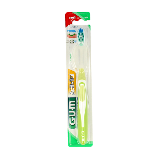 GUM Activital soft toothbrush 1 pack, showing a close-up of the blue and white handle and bristles for gentle cleaning.