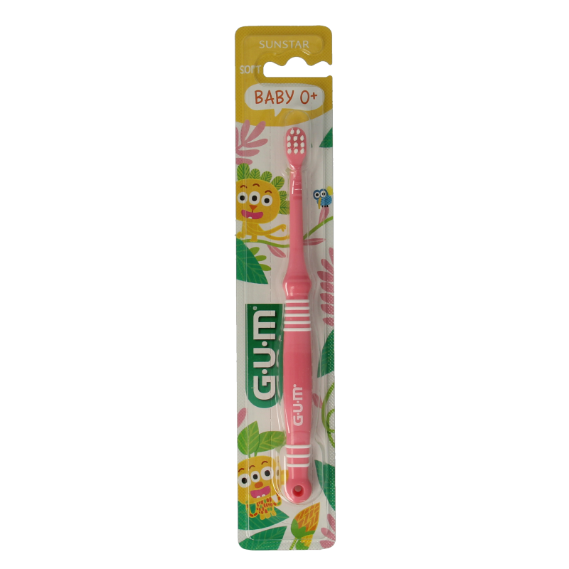 GUM Kids toothbrush for ages 0-2, soft bristles, designed for young children, in a compact size with colorful handle.
