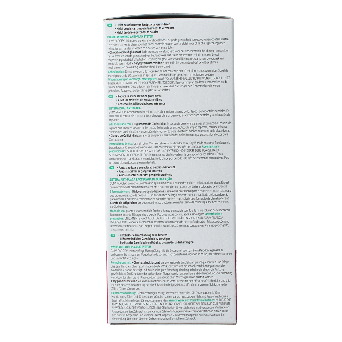GUM Paroex mouthwash bottle, 300ml, antiseptic oral rinse for gum health, with label showing brand and product details.