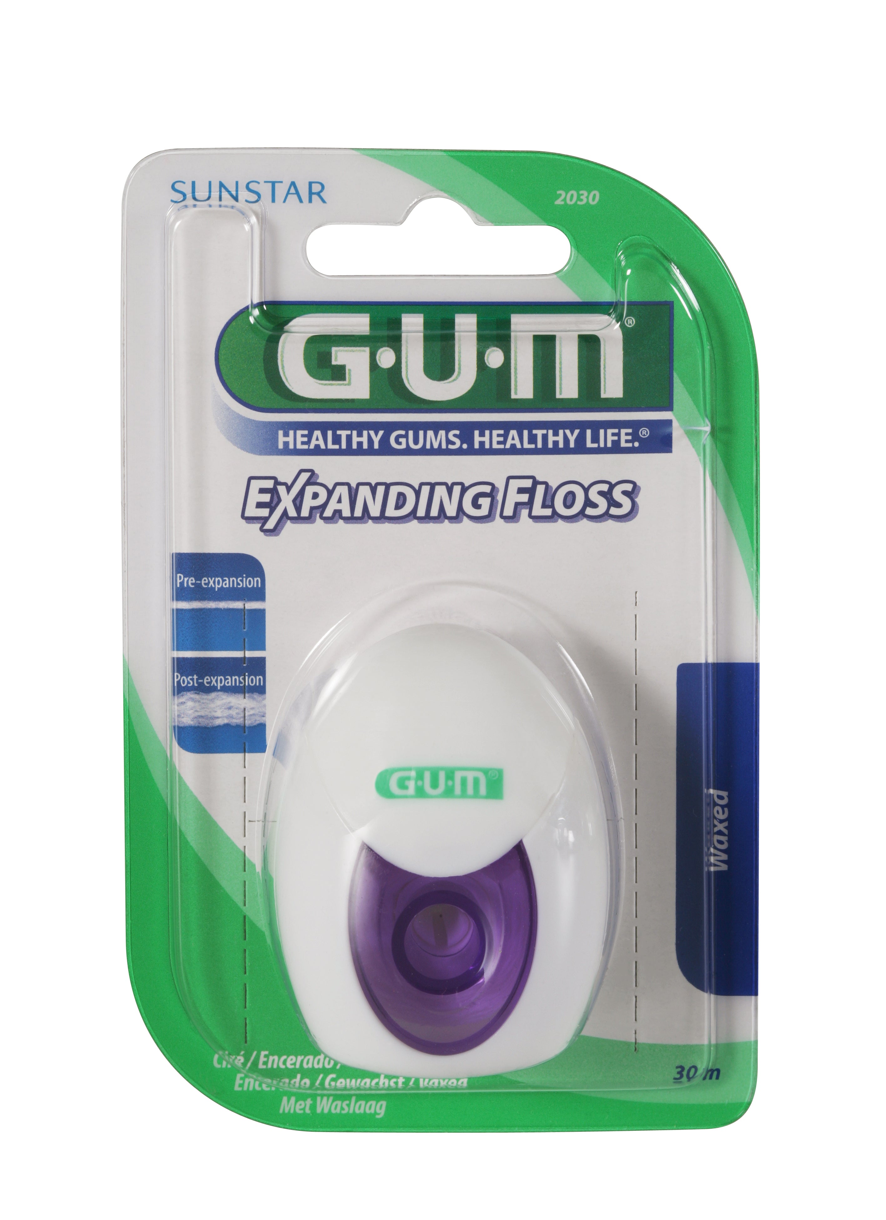 GUM expanding dental floss in a transparent 30-meter package, designed for oral hygiene and plaque removal.