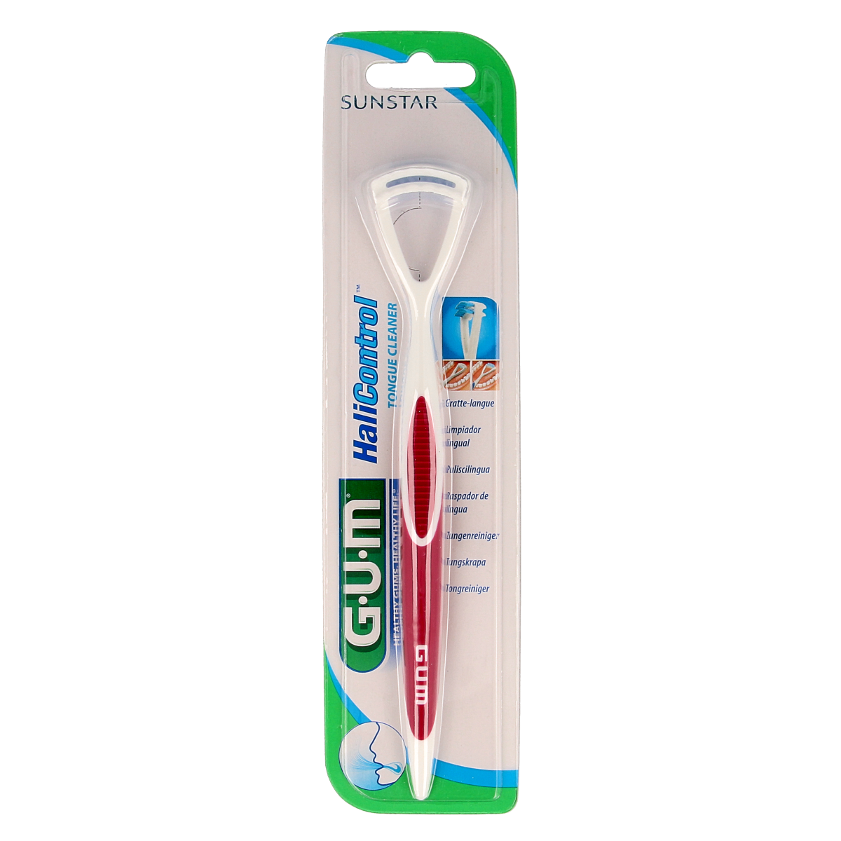 GUM HaliControl tongreiniger for oral hygiene and plaque control, shown in white with ergonomic design.