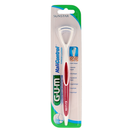 GUM HaliControl tongreiniger for oral hygiene and plaque control, shown in white with ergonomic design.