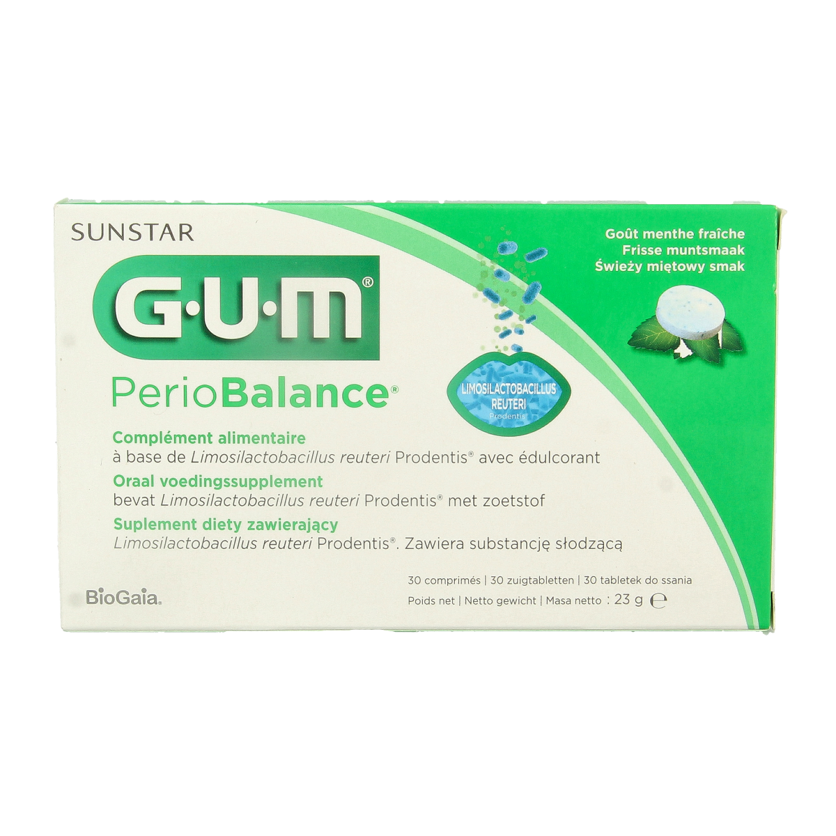 GUM Periobalance 30.00 micro-organism pastilles in a clear container, showing the small, round tablets for oral health.