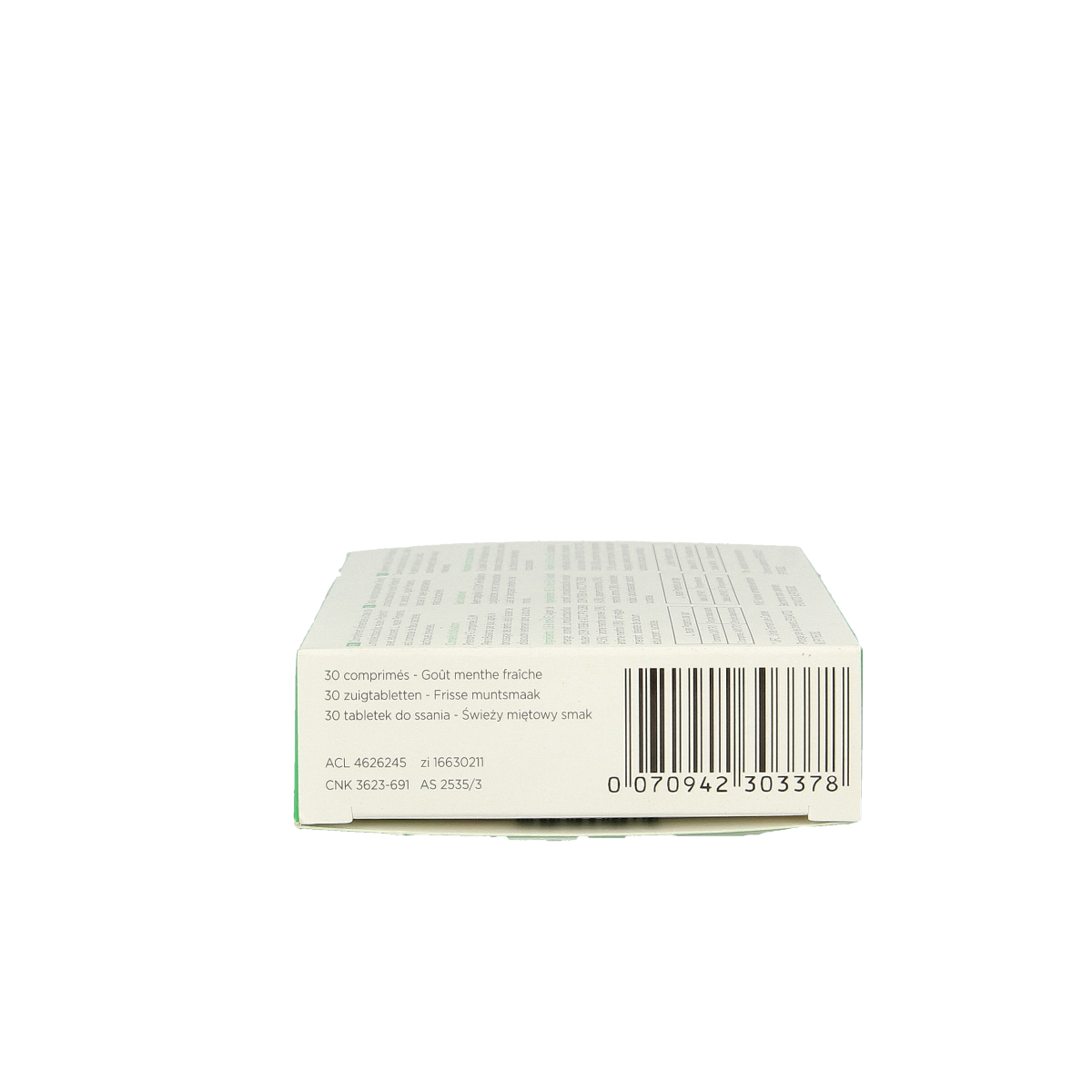 GUM Periobalance 30.00 micro-organism pastilles in a transparent container, showing the small round tablets inside.