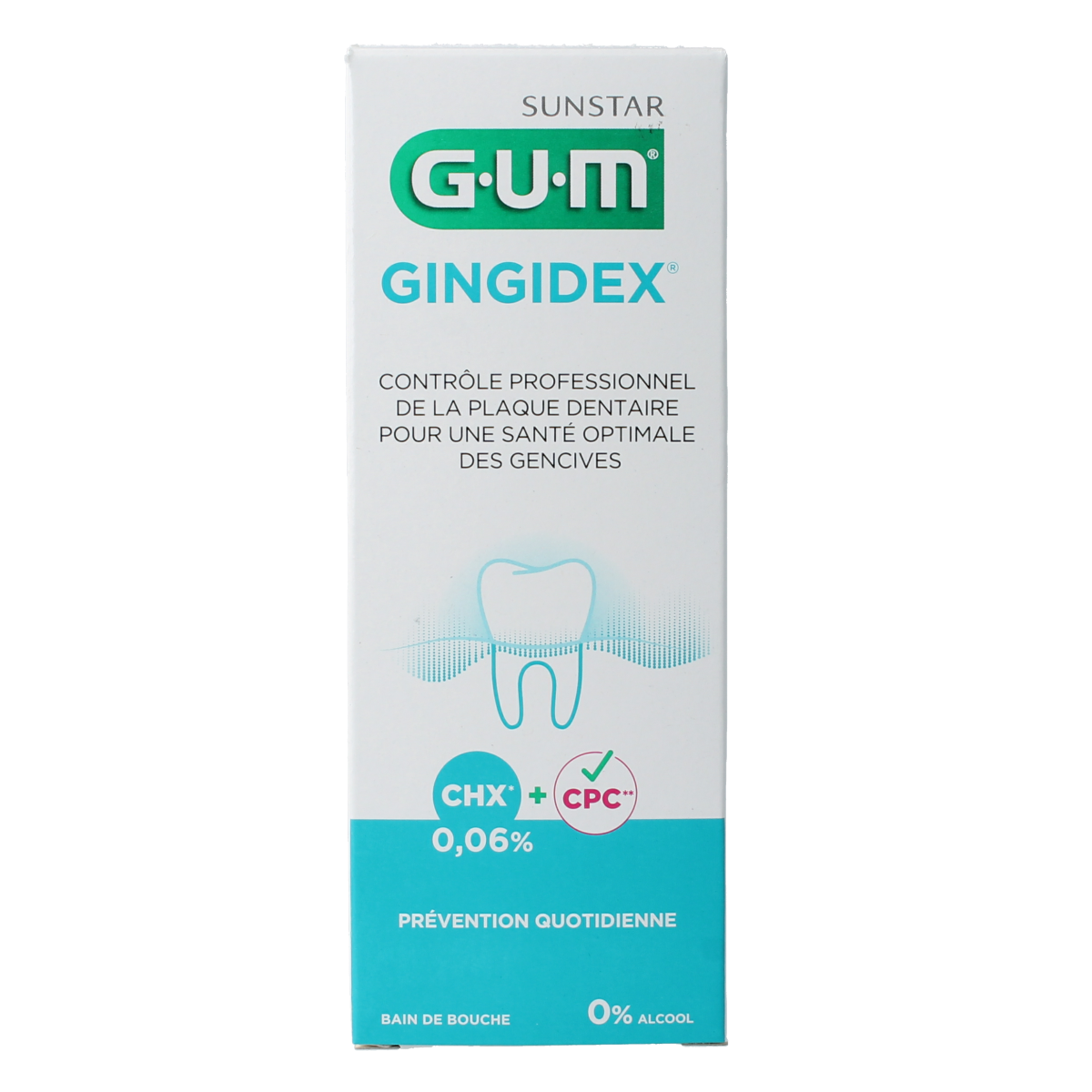 GUM Gingidex mouthwash bottle, 300ml, in a clear plastic container with label showing brand name and product details