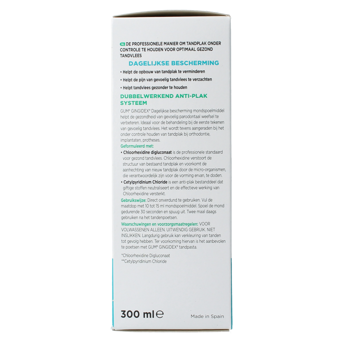 GUM Gingidex mouthwash bottle, 300ml, in clear packaging, showing label and cap, for oral hygiene and fresh breath.