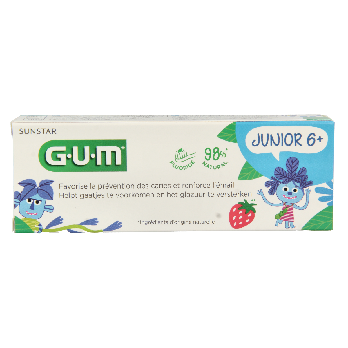 GUM Junior toothpaste 50ml tube with colorful packaging and cartoon characters for children's dental care