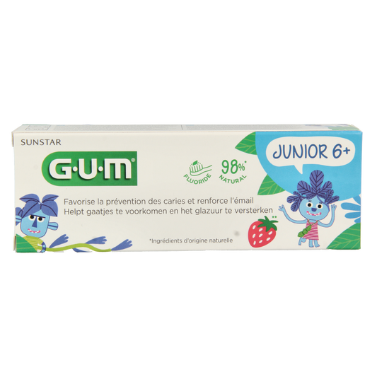 GUM Junior toothpaste 50ml tube with colorful packaging and cartoon characters for children's dental care