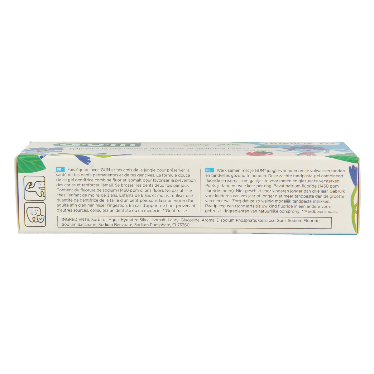 GUM Junior toothpaste tube, 50ml, for children's oral care, with colorful packaging and child-friendly design.