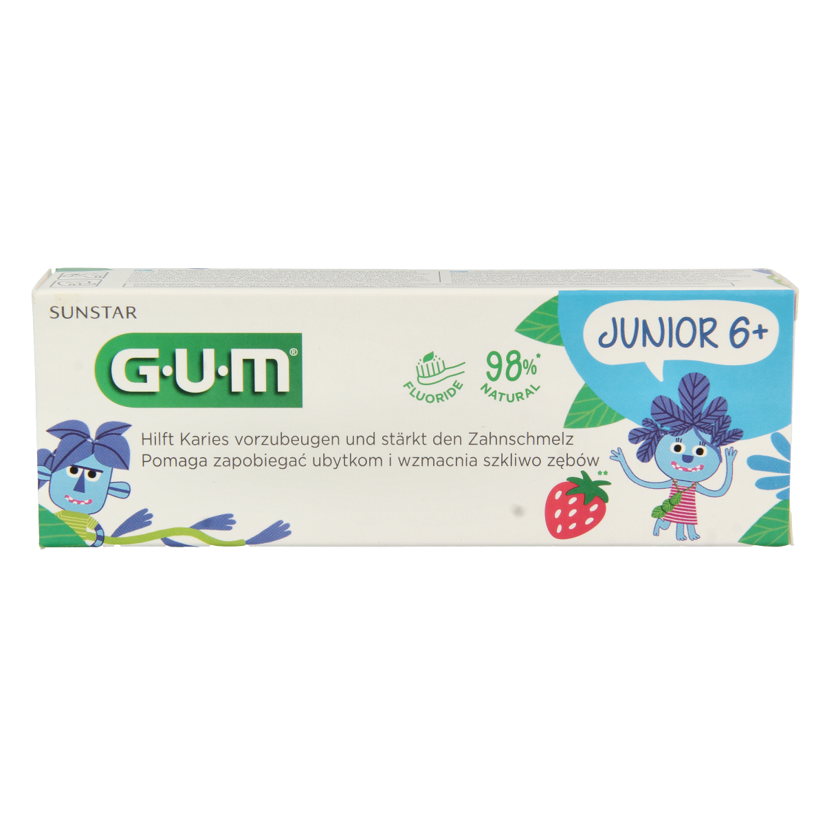 GUM Junior toothpaste in 50ml tube with colorful packaging, designed for children's dental care.