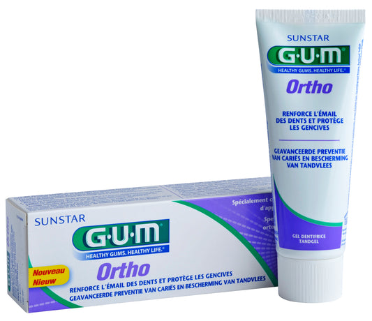 GUM Ortho toothpaste 75ml tube with white and blue packaging, designed for orthodontic care and oral hygiene.
