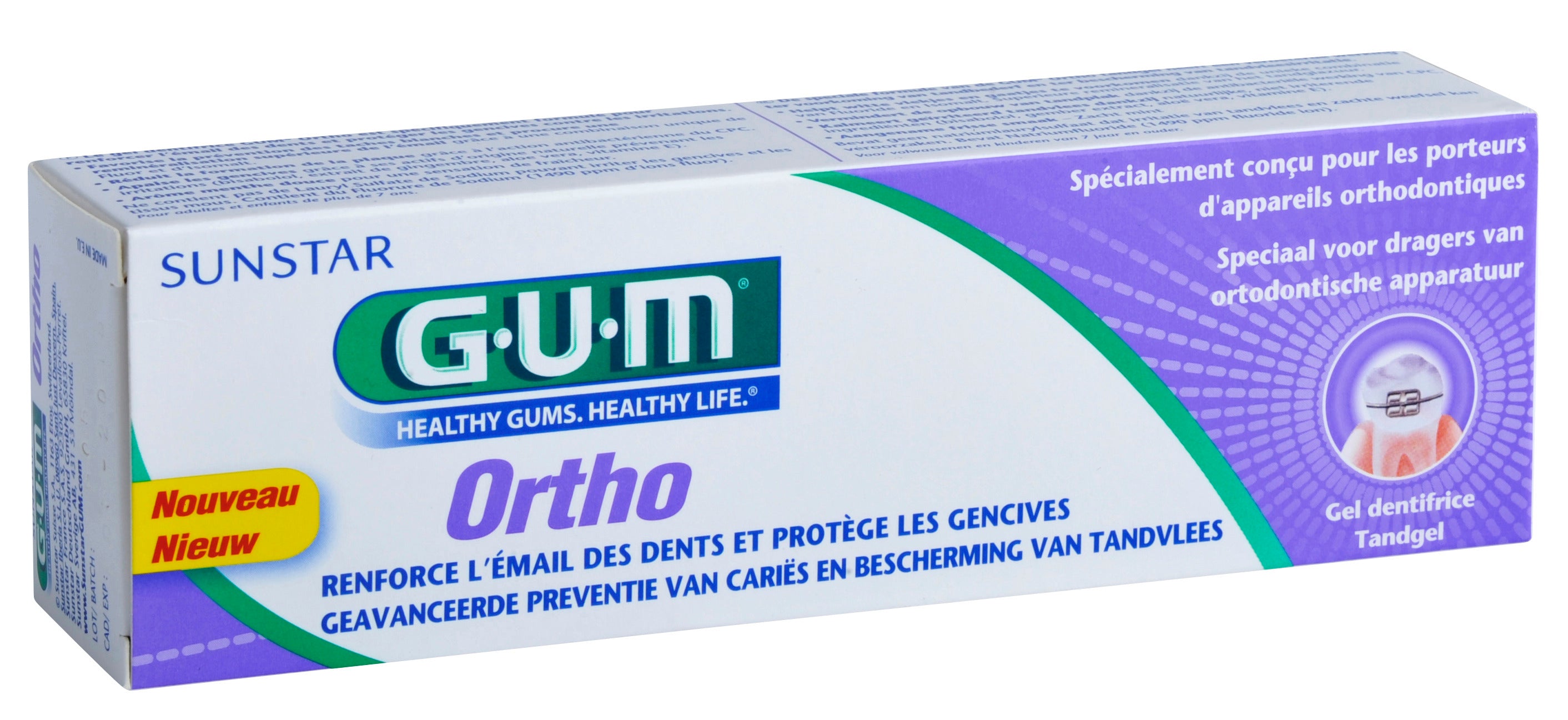 GUM Ortho toothpaste 75ml tube showing the packaging and label for orthodontic dental care.