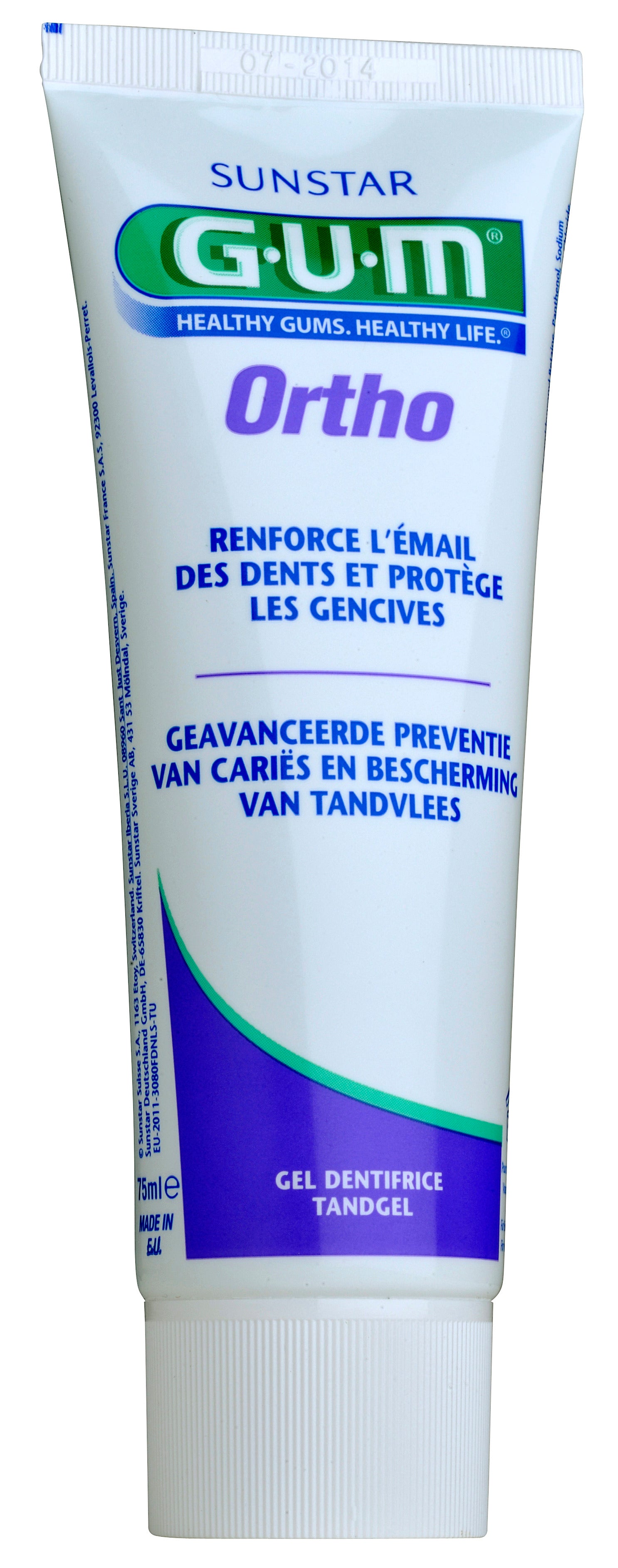 GUM Ortho toothpaste 75ml tube with mint-flavored toothpaste for orthodontic care, showing the tube's label and design.