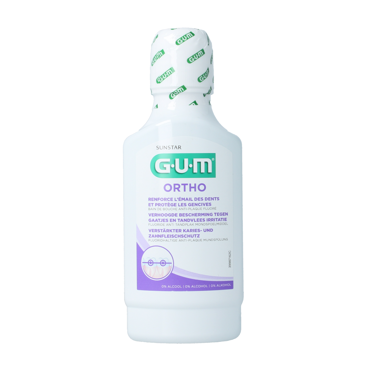 GUM Ortho mouthwash bottle, 300ml, with label showing brand and product type, used for oral hygiene and freshening breath.