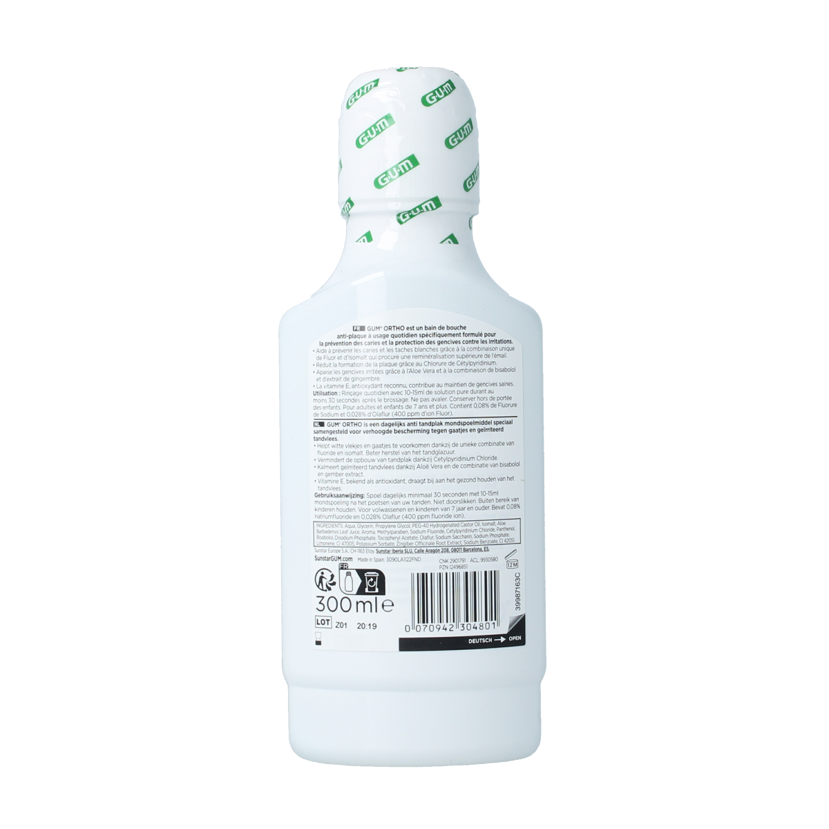 GUM Ortho mondspoelmiddel 300ml bottle showing the mouthwash liquid and label for oral hygiene.