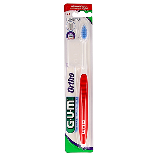 GUM orthodontic toothbrush for braces, single pack, with soft bristles designed for effective cleaning around orthodontic appliances.