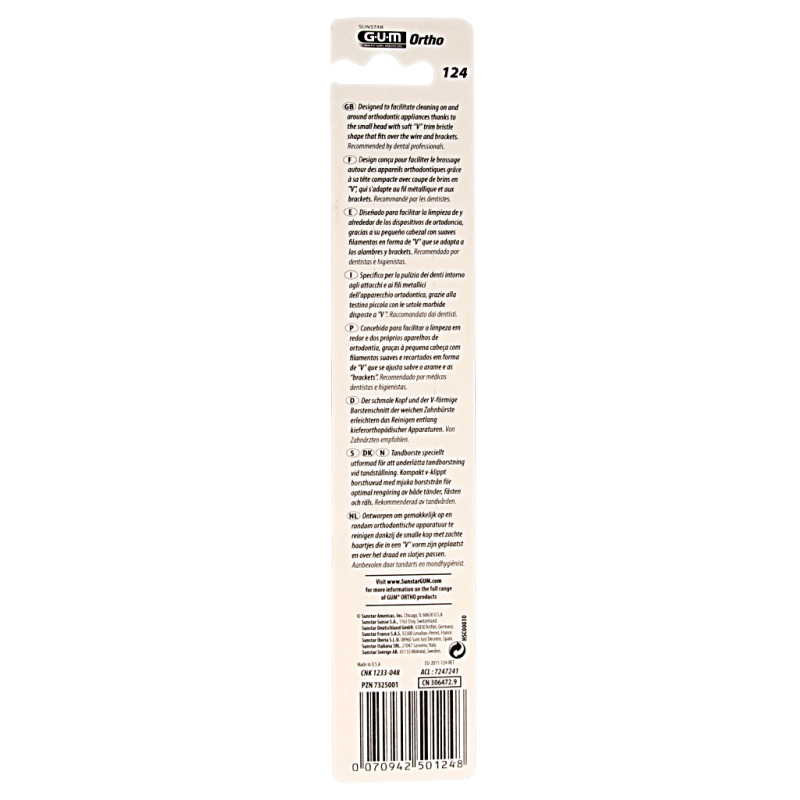 GUM orthodontic toothbrush for braces with soft bristles, designed for effective cleaning of orthodontic appliances.