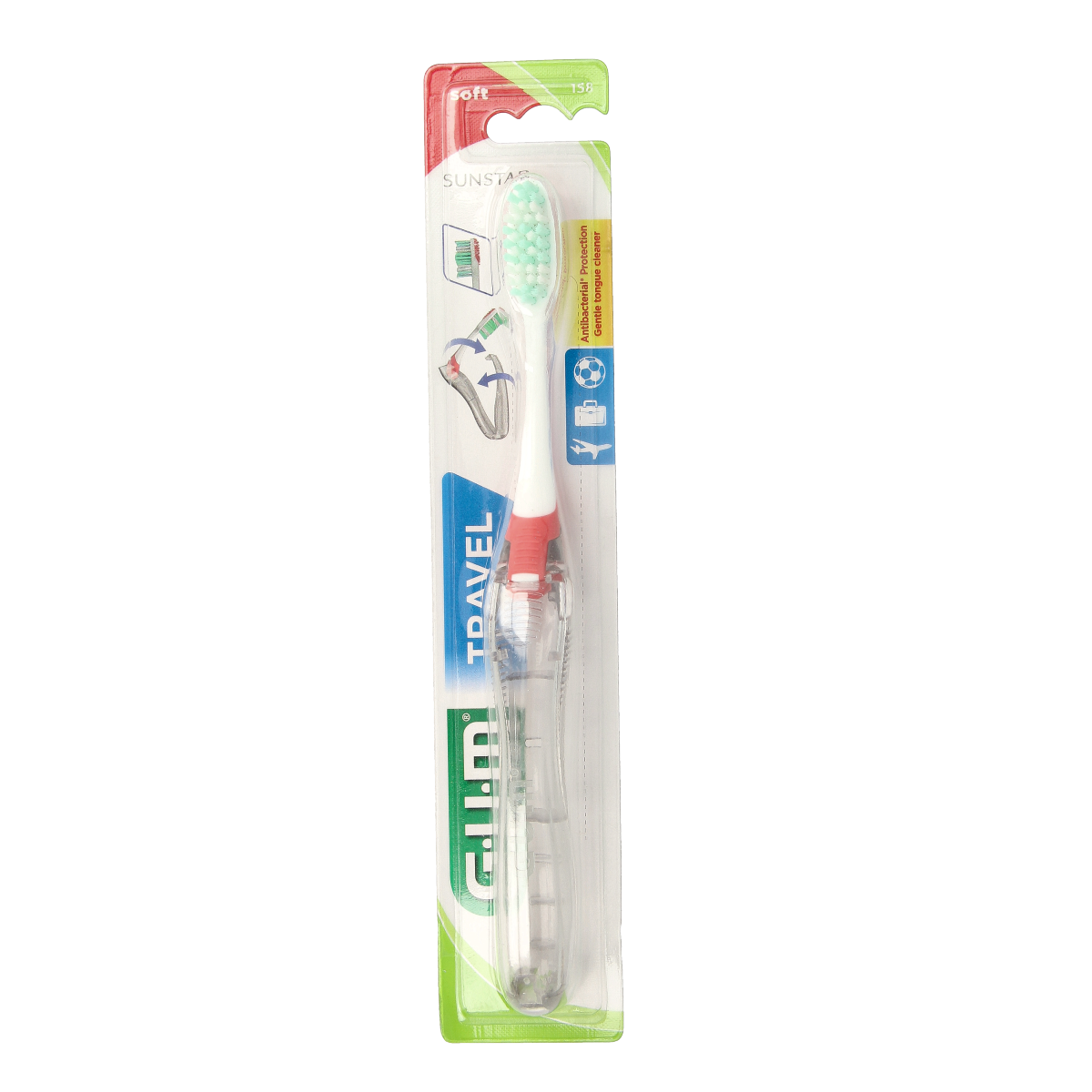 GUM Reis tandenborstel, compact travel toothbrush with soft bristles and ergonomic handle for oral hygiene on the go.