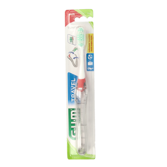 GUM Reis tandenborstel, compact travel toothbrush with soft bristles and ergonomic handle for oral hygiene on the go.