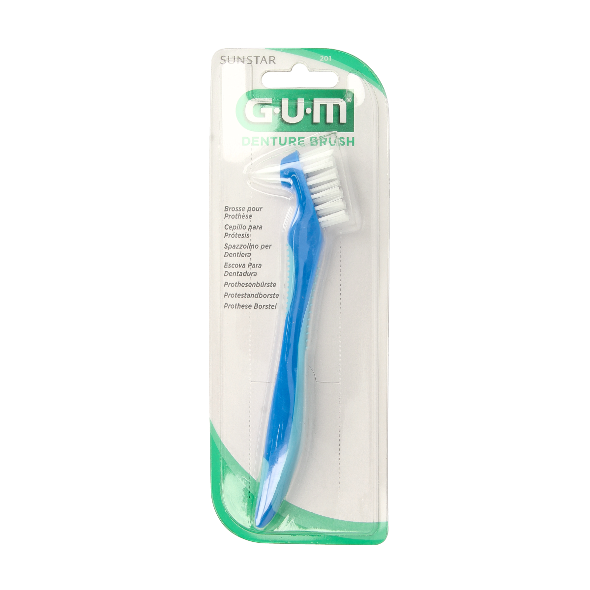 GUM Prothese borstel for cleaning dental prostheses, shown with bristles and handle for effective oral hygiene.