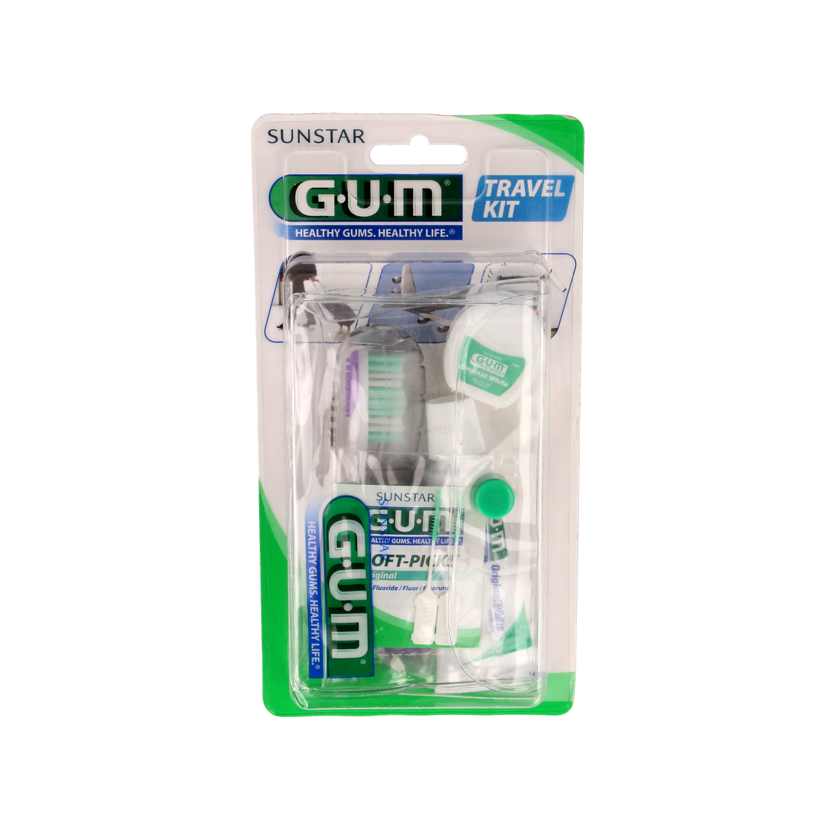 GUM Reis kit original white dental hygiene set for travel, includes oral care tools for dental cleaning and brushing control.