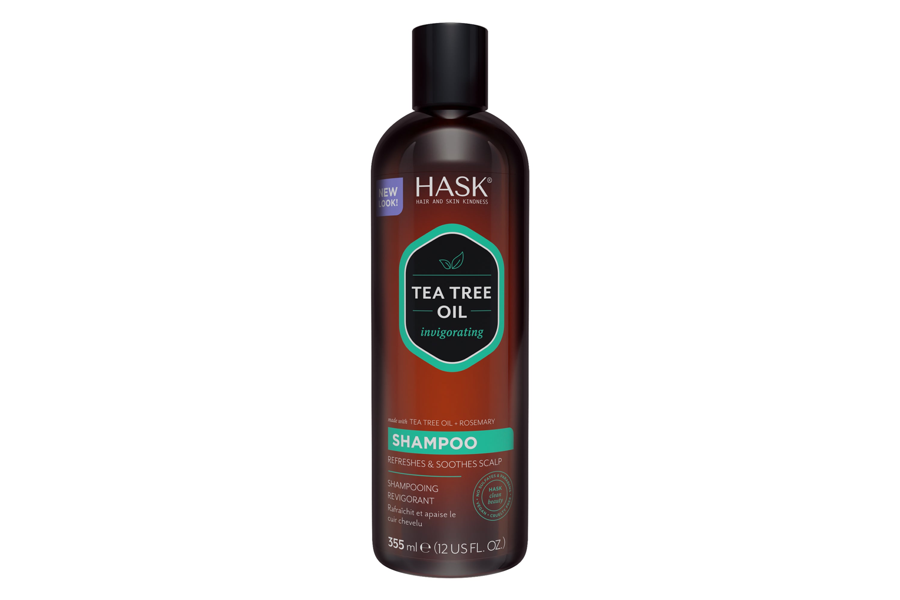 HASK tea tree oil and rosemary shampoo bottle, 355ml, featuring a clear label and green accents for natural hair care.