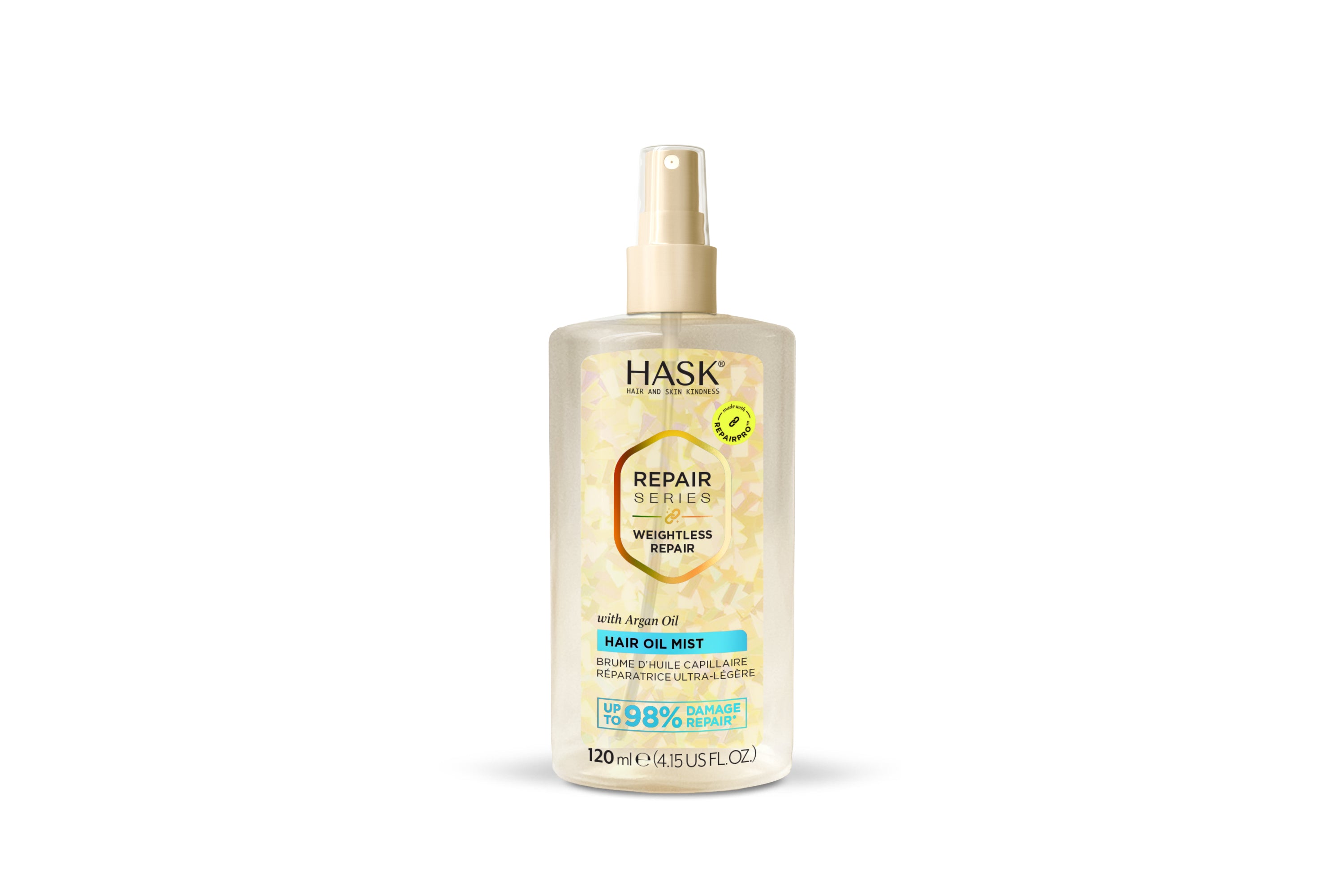 HASK weightless repair hair oil mist in a 120ml spray bottle, nourishing hair with a lightweight formula for shine and smoothness.