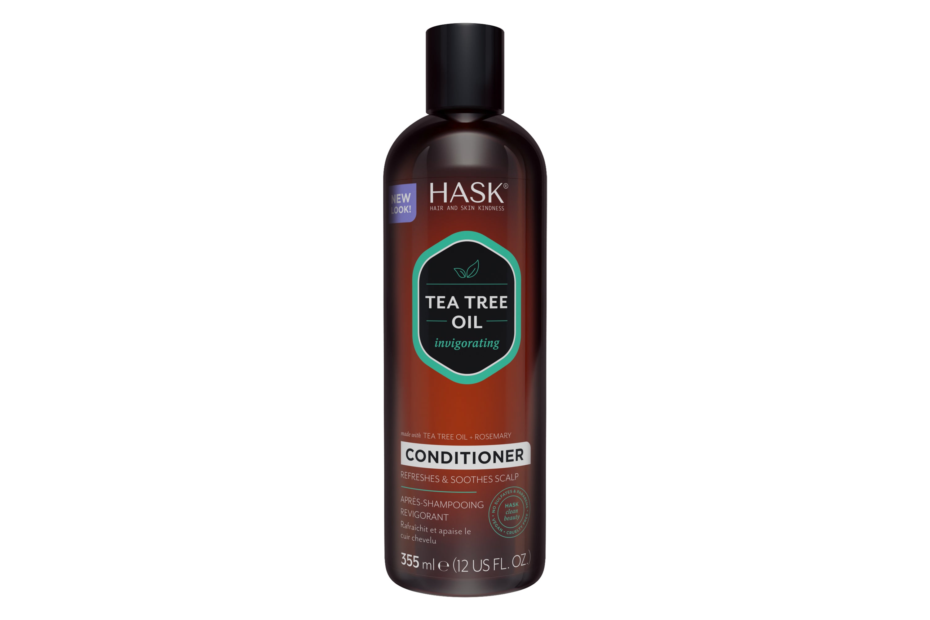 HASK conditioner with tea tree oil and rosemary, 355ml, for nourishing hair care and scalp health.