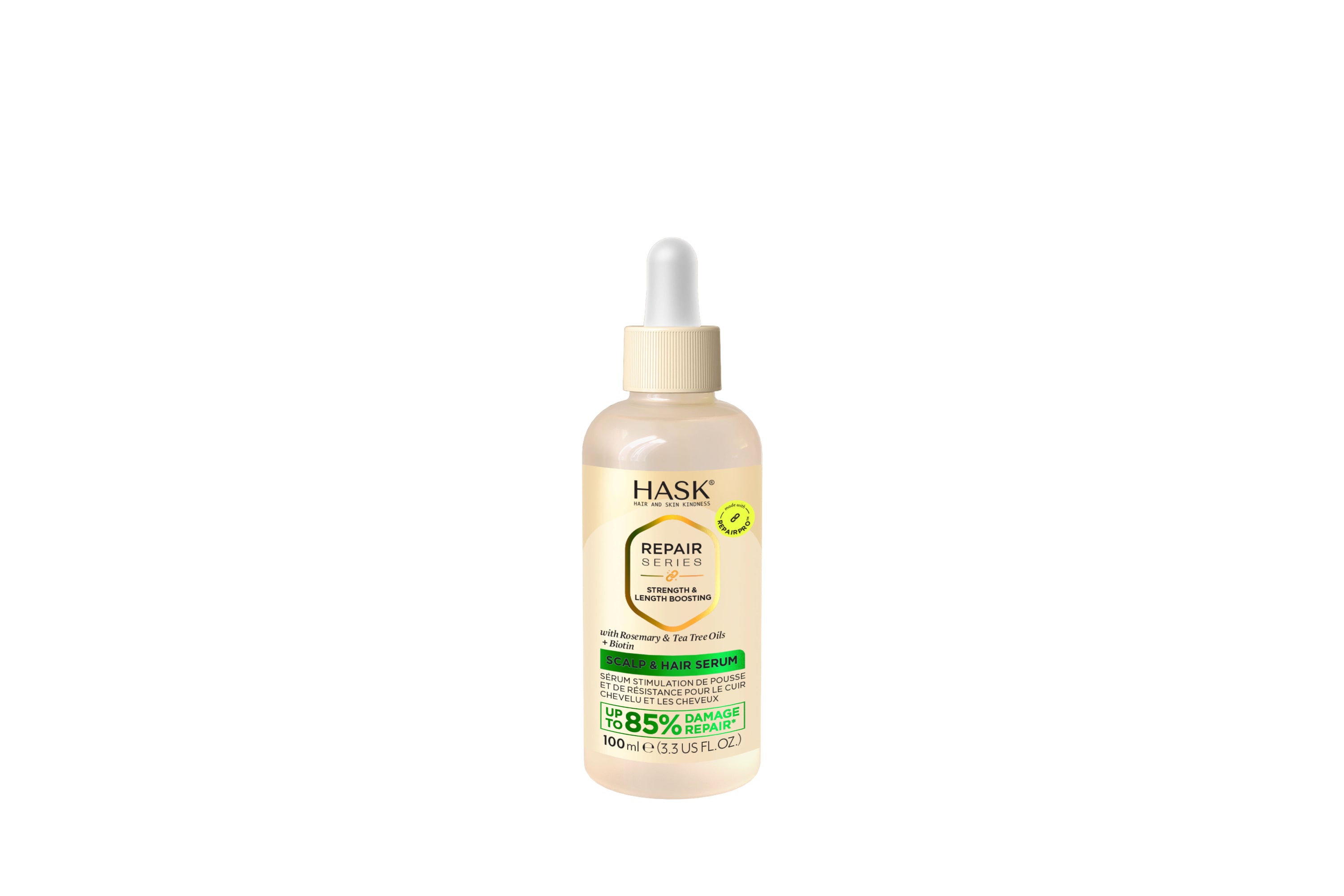 HASK Repair Strength & Length Boost Hair Serum bottle, 100ml, hair care product for scalp and hair strengthening and repair.