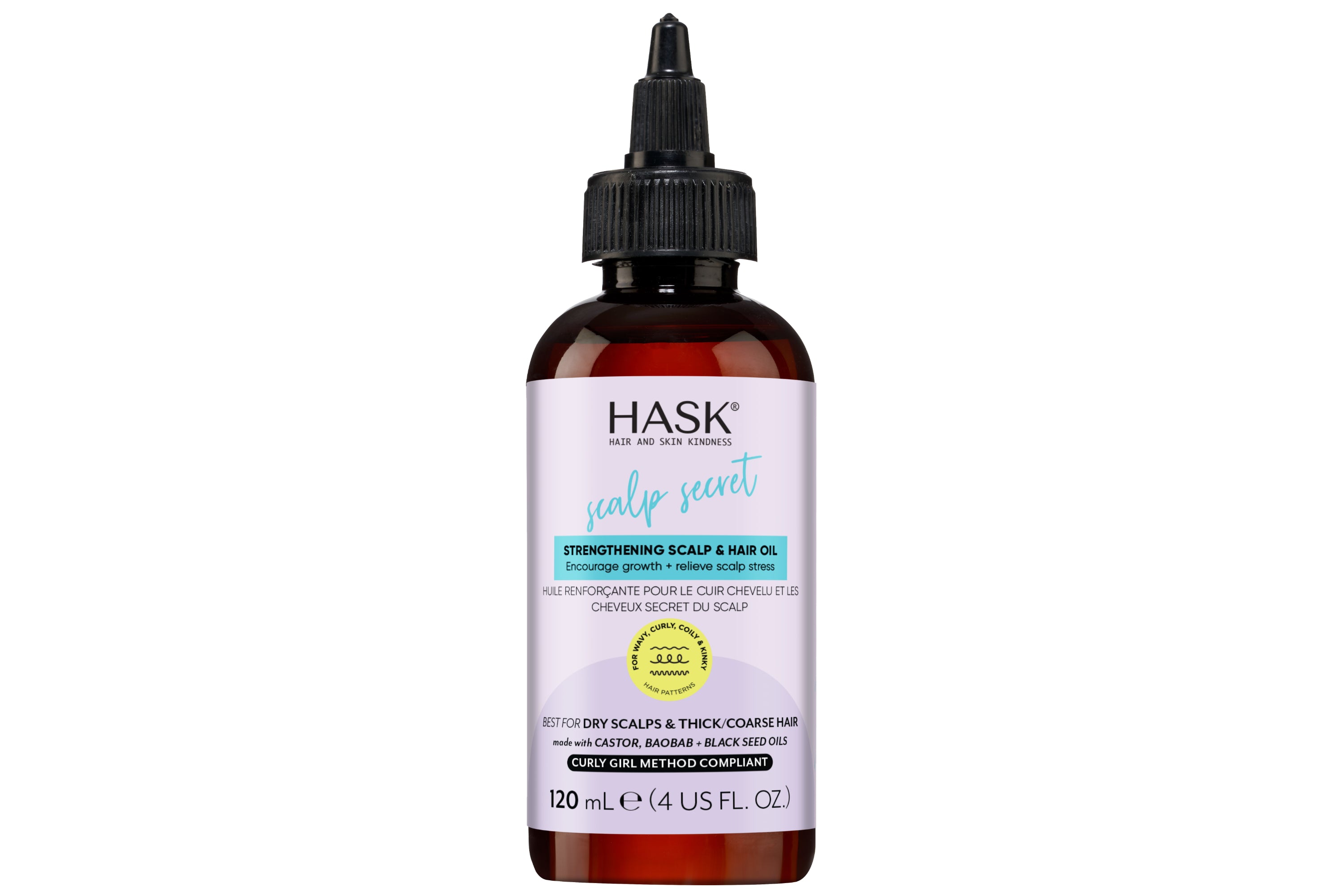 HASK Scalp Secret strengthening scalp and hair oil in a 120ml bottle, with a dropper applicator and clear liquid inside
