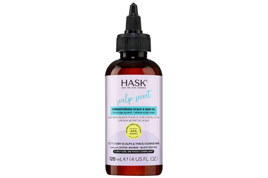 HASK Scalp Secret strengthening scalp and hair oil in a 120ml bottle, with a dropper applicator and clear liquid inside