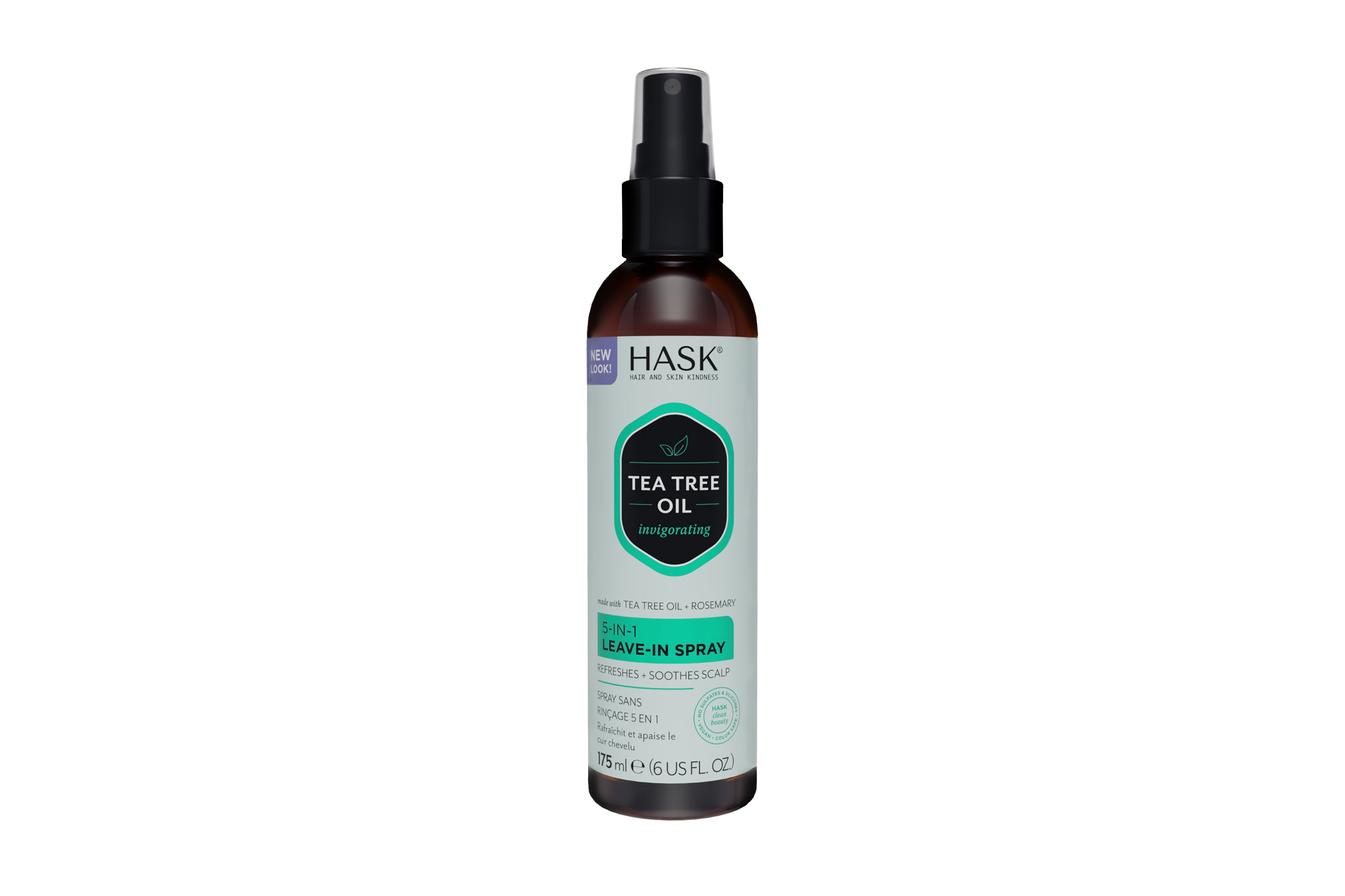 HASK Tea Tree Oil & Rosemary 5-in-1 hair spray bottle, 175ml, for nourishing and styling hair care.