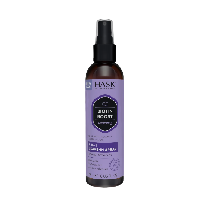 HASK Biotin 5-in-1 leave-in spray bottle for hair care, shown in 175ml size with spray nozzle and label details.