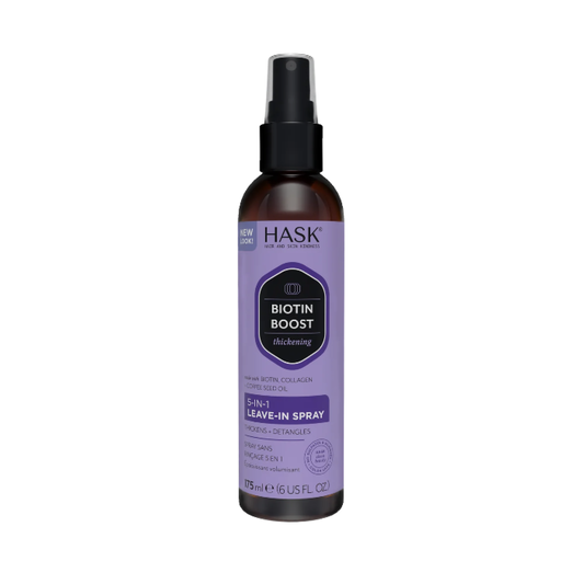 HASK Biotin 5-in-1 leave-in spray bottle for hair care, shown in 175ml size with spray nozzle and label details.