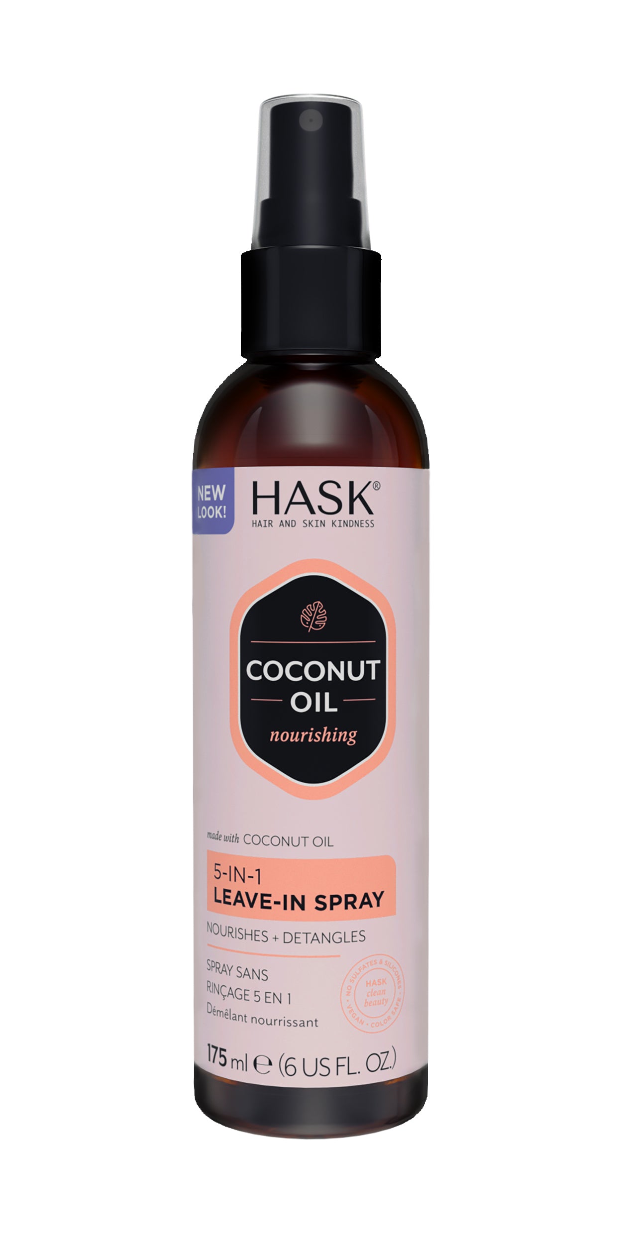 HASK Coconut Oil 5-in-1 leave-in spray bottle for hair care, 175ml, with coconut oil formula displayed in the image.