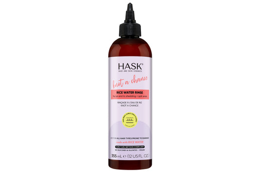 HASK Knot a Chance rice water rinse bottle, 355ml, for hair care, with a white and purple label and a pump dispenser.