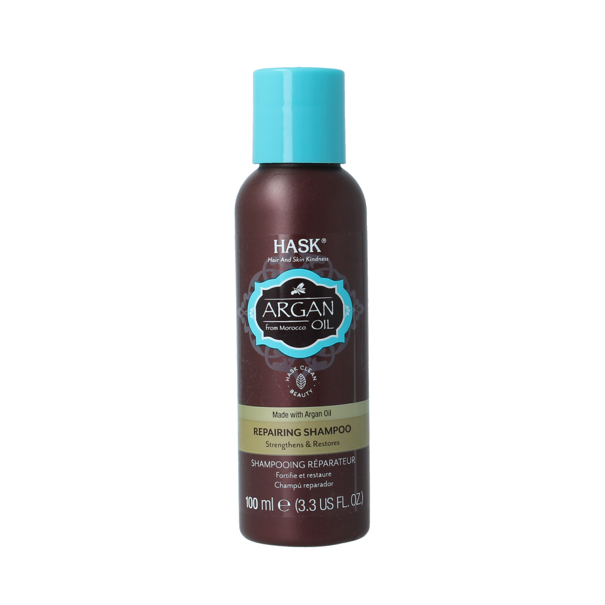 HASK Argan Oil Repair Shampoo travel size 100ml bottle, hair care product with nourishing argan oil for damaged hair.