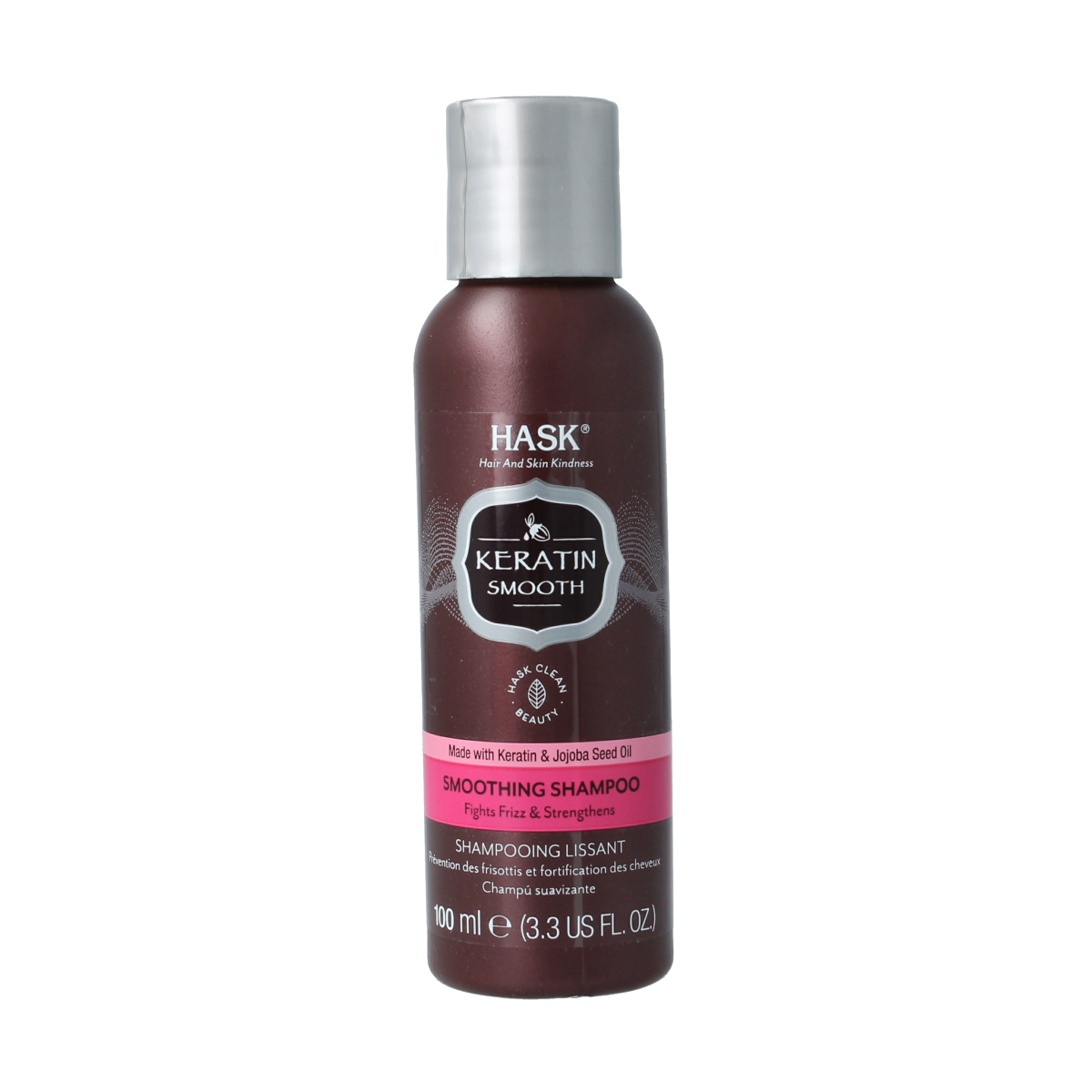 HASK Keratin protein smoothing shampoo travel size 100ml for hair care, featuring sleek bottle with label and cap.