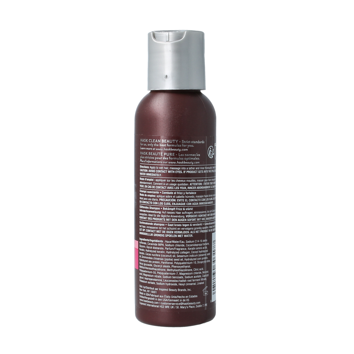 HASK Keratin protein smoothing shampoo travel size bottle, 100ml, in a clear container with white and purple labeling