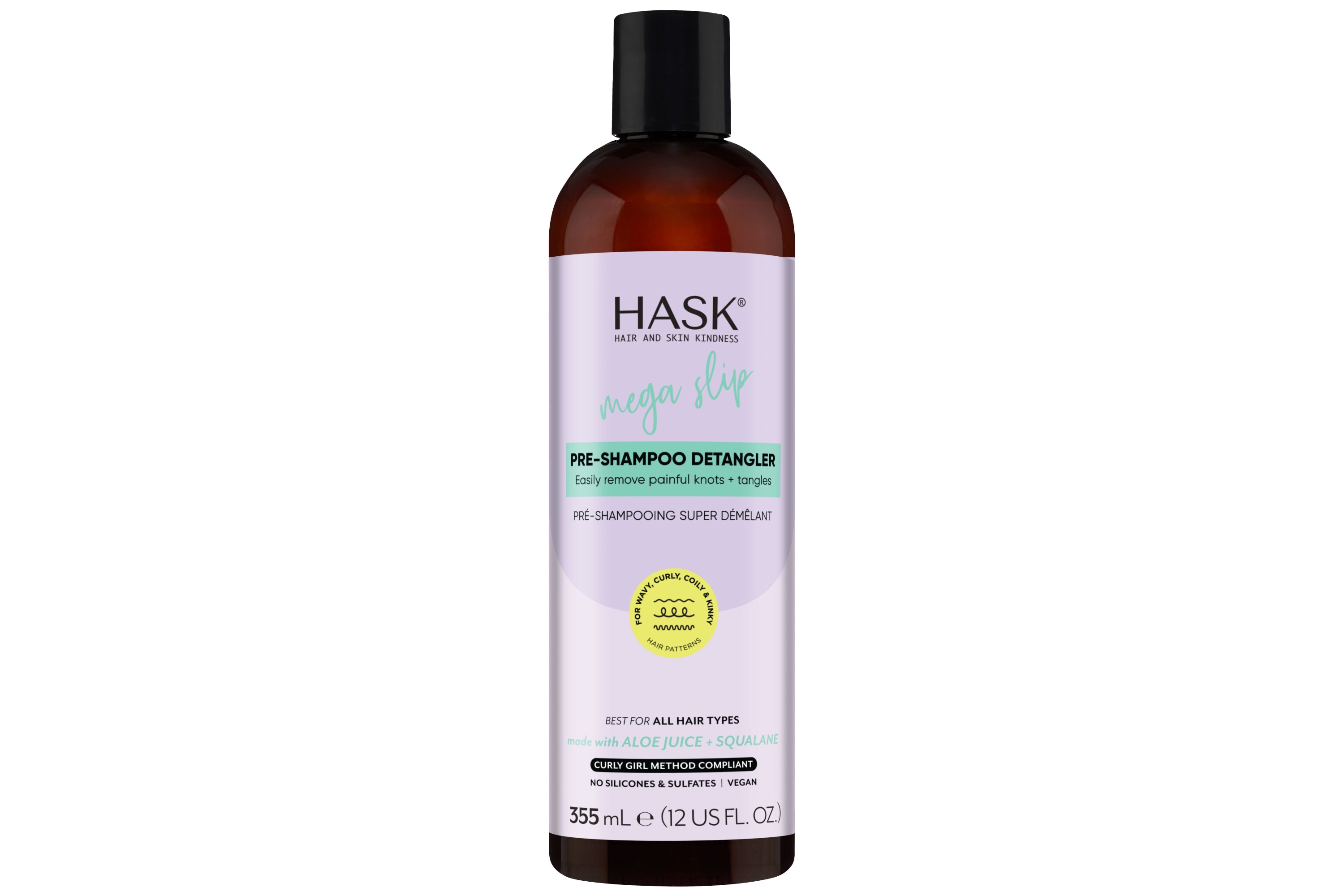 HASK Mega Slip pre-shampoo detangler bottle, 355ml, in a clear plastic container with white and purple label, hair care product