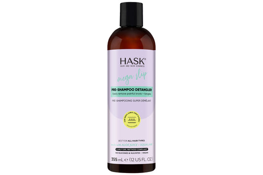 HASK Mega Slip pre-shampoo detangler bottle, 355ml, in a clear plastic container with white and purple label, hair care product